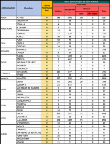 Reporte departamental del Sedes Potosí
