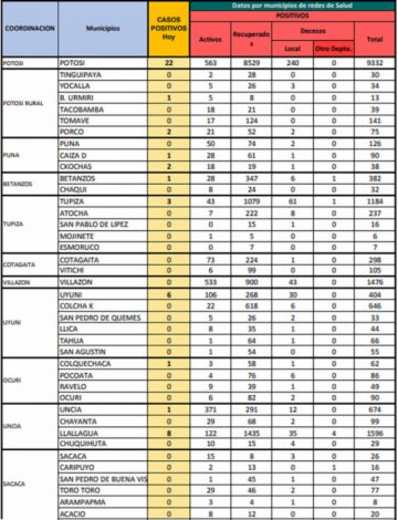 Reporte departamental del Sedes Potosí