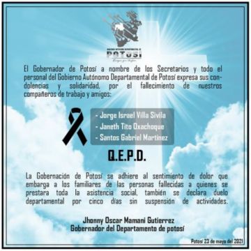 La condolencia emitida por la Gobernación.