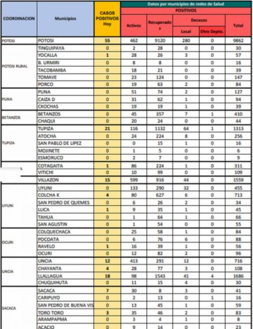 Reporte departamental del Sedes Potosí