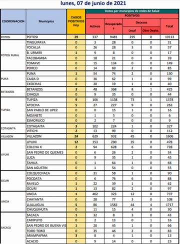 Reporte departamental del Sedes Potosí