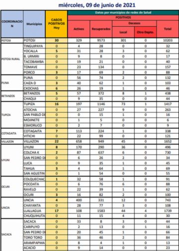 Reporte departamental del Sedes Potosí