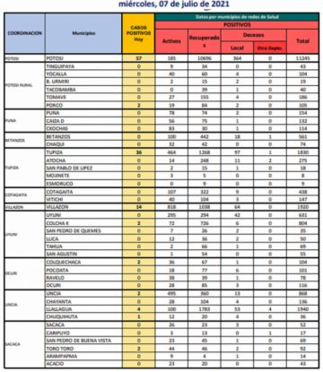 Reporte departamental del Sedes Potosí