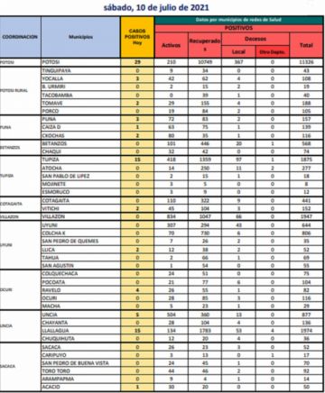 Reporte departamental del Sedes Potosí