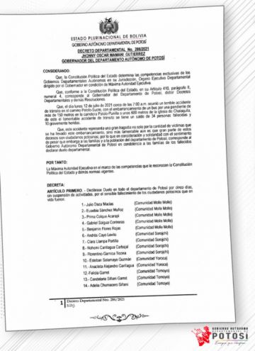 Gobernación decreta tres días de duelo por fallecimiento de potosinos en accidente de Chataquila