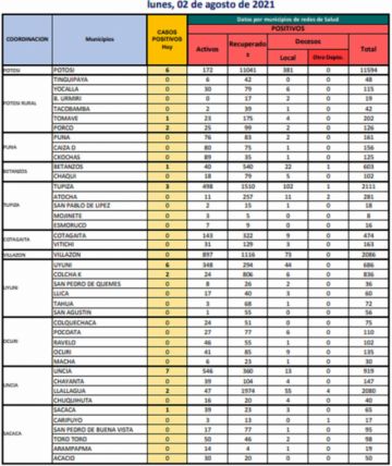 Reporte departamental del Sedes Potosí