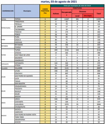 Reporte departamental del Sedes Potosí
