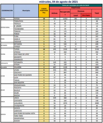 Reporte departamental del Sedes Potosí