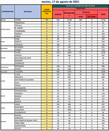 Reporte departamental del Sedes Potosí