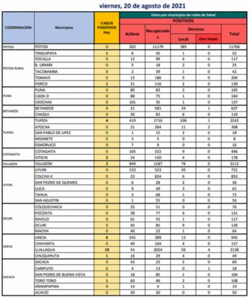 Reporte departamental del Sedes Potosí