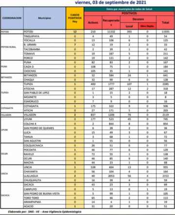Reporte departamental del Sedes Potosí