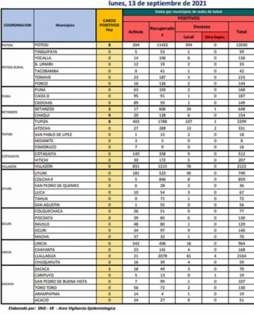 Reporte departamental del Sedes Potosí