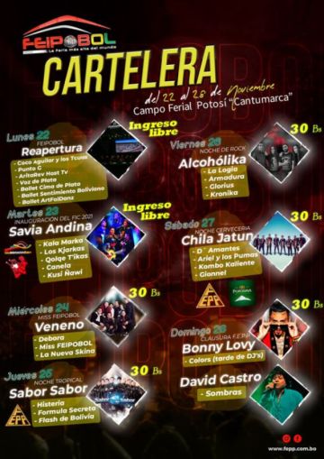 Afiche Feipobol con la sección del FIC ampliada. Afiche del lanzamiento del FIC, Afiche de la Serenata a Potosí.