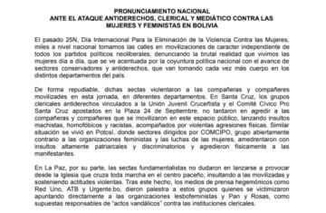 Emiten pronunciamiento ante “ataque antiderechos, clerical y mediático contra las mujeres y feministas en Bolivia”