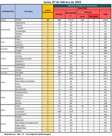 Reporte departamental del Sedes Potosí
