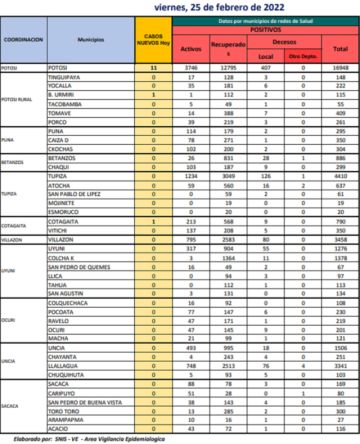 Reporte departamental del Sedes Potosí