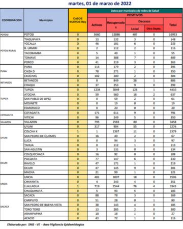 Reporte departamental del Sedes Potosí