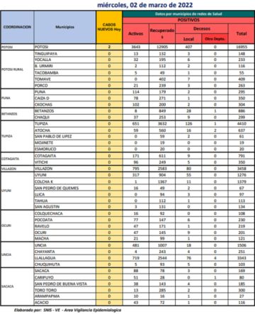 Reporte departamental del Sedes Potosí