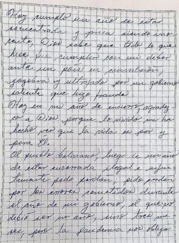Carta de la exmandataria.