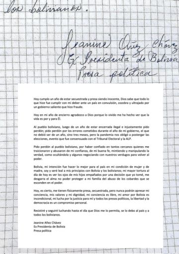 Añez, a un año de estar presa: Bolivia necesitaba paz y yo asumí las consecuencias