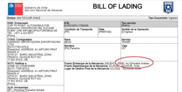 Parte del BL en el que se lee el puerto de partida.