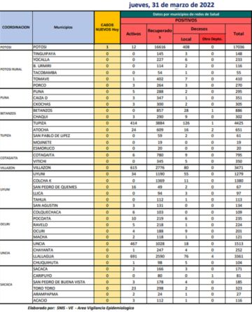Reporte departamental del Sedes Potosí
