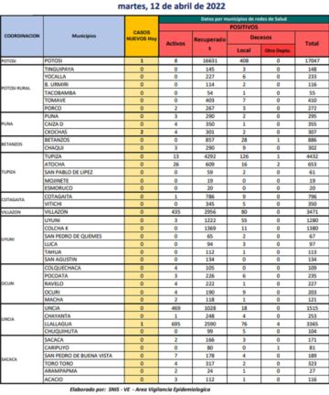 Reporte departamental del Sedes Potosí