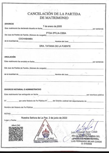La cancelación de la partida de matrimonio.