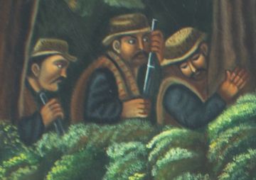 Tres hombres en el cuadro en Sucre.
