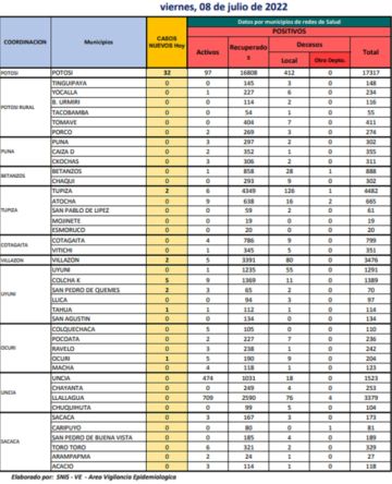 Reporte departamental del Sedes Potosí