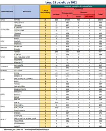 Reporte departamental del Sedes Potosí
