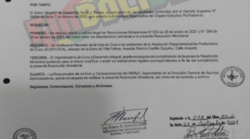 Viceministro Tellez no conoce contenido de la resolución que restituyó mercado de coca en Villa Fátima