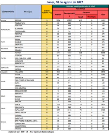 Reporte departamental del Sedes Potosí