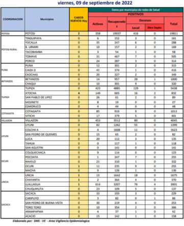 Reporte departamental del Sedes Potosí