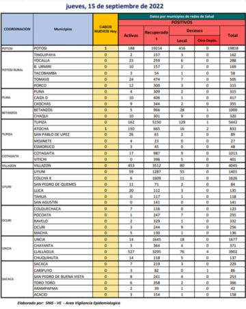 Reporte departamental del Sedes Potosí