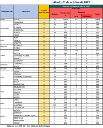 Reporte departamental del Sedes Potosí