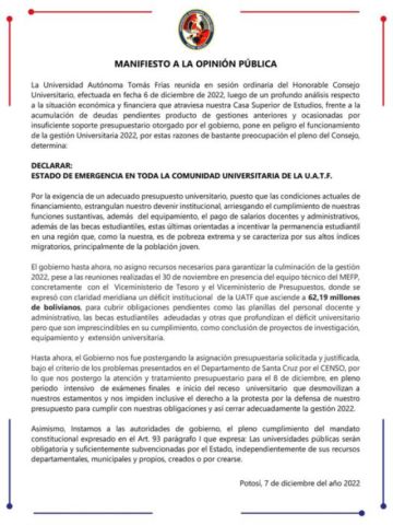 UATF se declara en emergencia ante déficit de Bs 62 millones