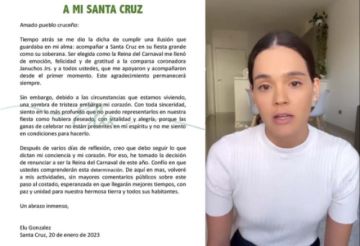 La reina del Carnaval cruceño 2023 renuncia ante la situación que vive Santa Cruz