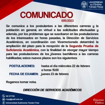 Segundo examen de ingreso a la UATF se pospone hasta el 23 de febrero