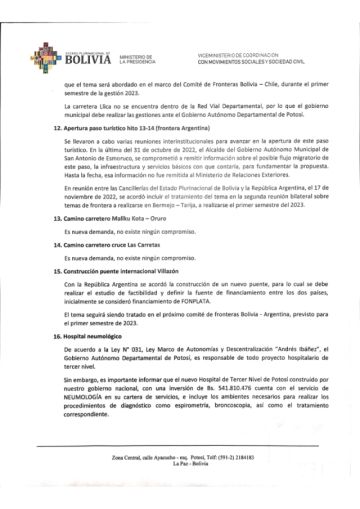 El documento responde uno por uno los 20 puntos del pliego campesino que surgió de un ampliado desarrollado el 5 del presente en la ciudad de Potosí.