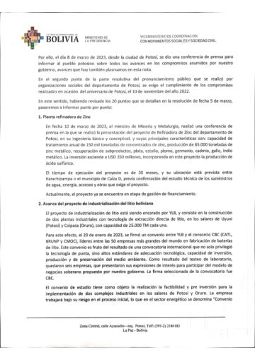 El documento responde uno por uno los 20 puntos del pliego campesino que surgió de un ampliado desarrollado el 5 del presente en la ciudad de Potosí.