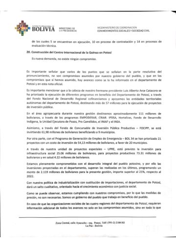 El documento responde uno por uno los 20 puntos del pliego campesino que surgió de un ampliado desarrollado el 5 del presente en la ciudad de Potosí.