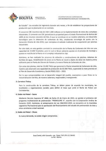 El documento responde uno por uno los 20 puntos del pliego campesino que surgió de un ampliado desarrollado el 5 del presente en la ciudad de Potosí.