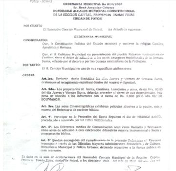 Ordenanza prohíbe consumo de bebidas alcohólica por jueves y viernes santo en Potosí