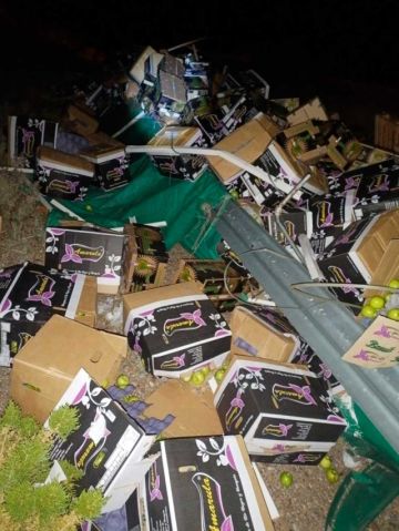 Vuelca un tráiler con cajas de manzanas
