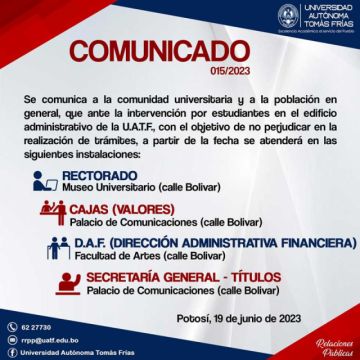 La UATF traslada oficinas de servicios por bloqueo en edificio