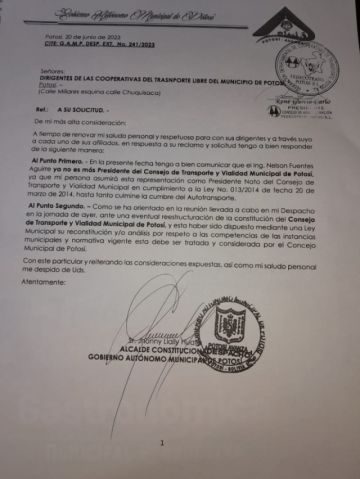 URGENTE: Llally destituye al presidente del Consejo del transporte