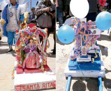 Las advocaciones marianas y el Tata Q'aqcha en la tradicional bajada.