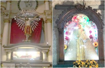 San Juan Bautista en el atrio del templo y la Virgen de Guadalupe.