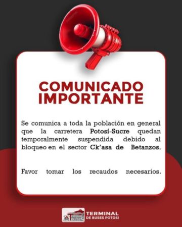 Terminal de Buses de Potosí suspende temporalmente los viajes a Sucre